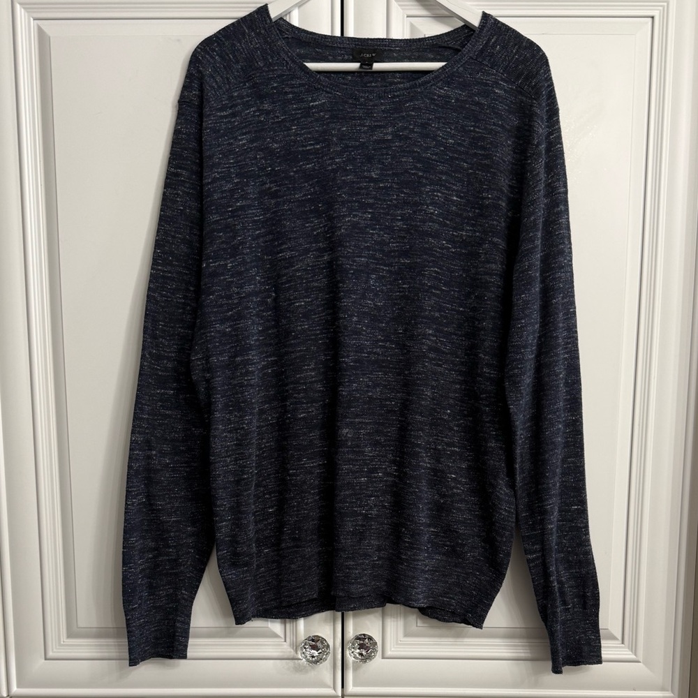 J Crew Men’s Sz Large Marled Blue Crew Neck Sweater Cotton/Acrylic/Linen Blend